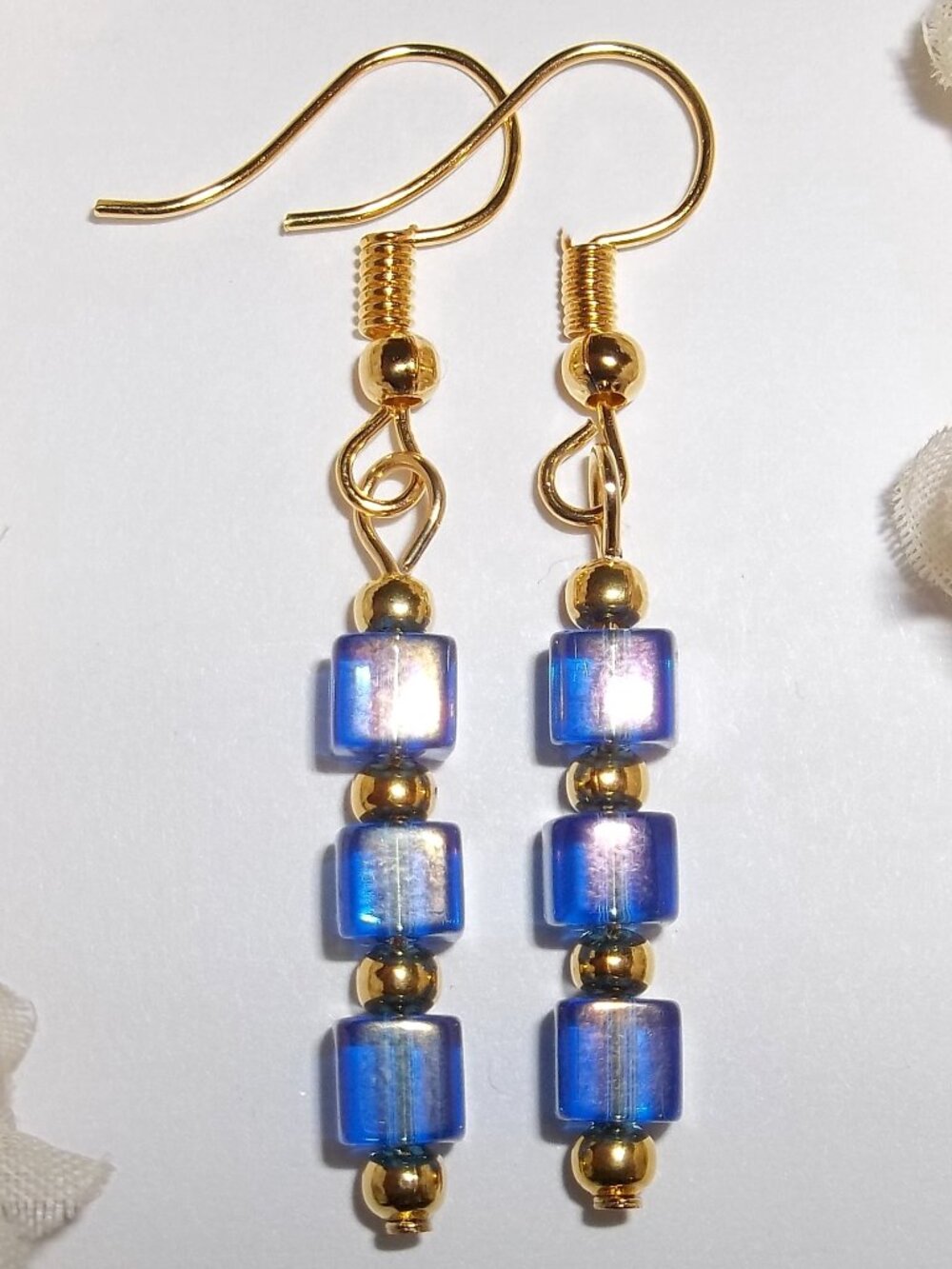 Blue Earrings AB Aurora Borealis and Gold Tone Dainty Dangle Drop Jewelry D901